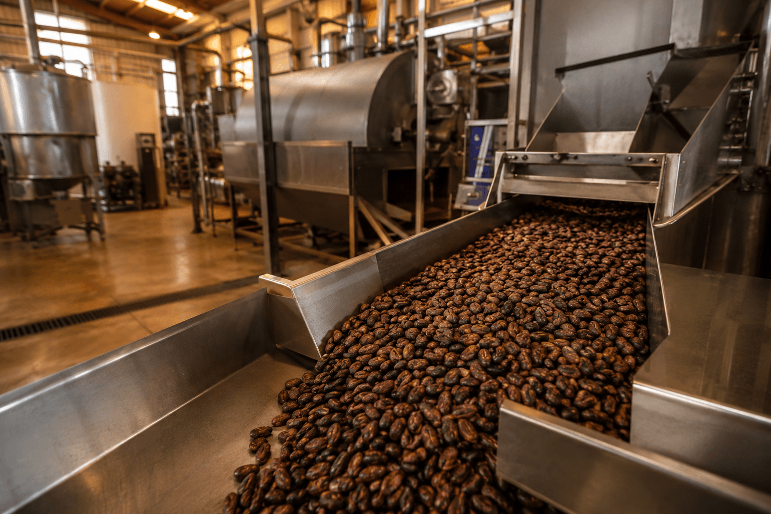 Cocoa beans moving through industrial processing equipment