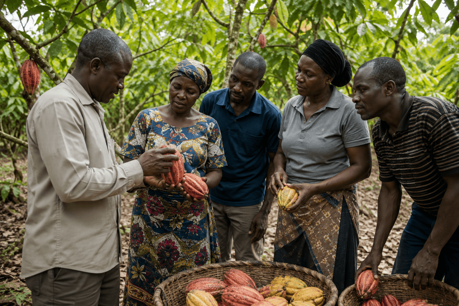 Cocoa farmers learning to assess cocoa pod quality
